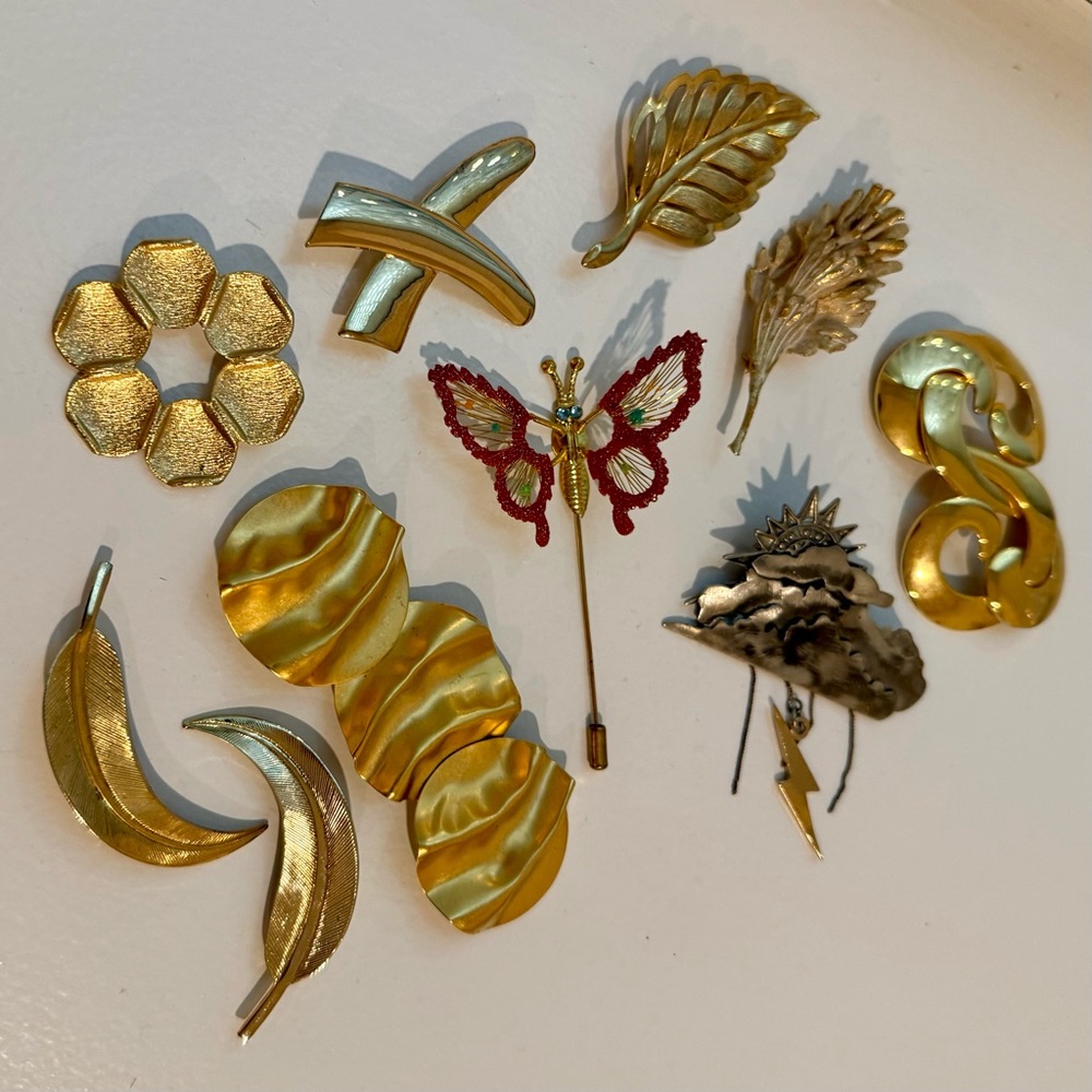 Lot of 10 Vintage Brooches and Pins - Assorted Floral & Leaf Etc. Designs